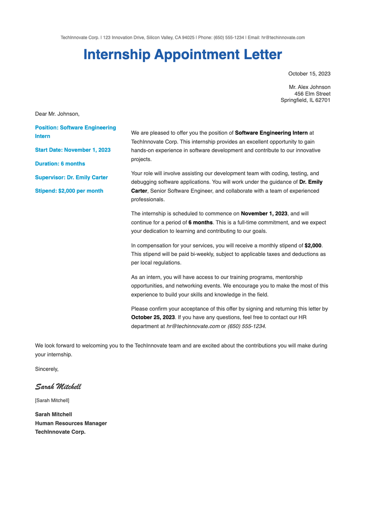 Professional internship appointment letter template with blue header design_variant_2